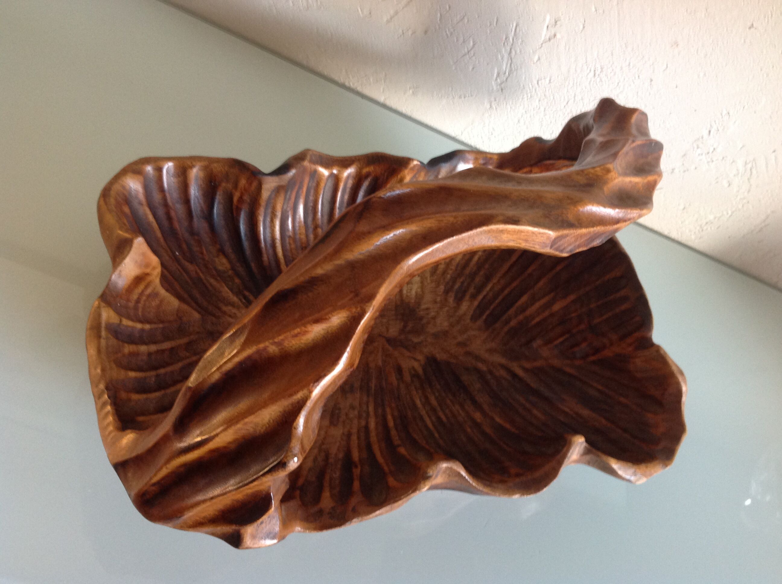 Brutalist carved wood fruit basket / vintage 60s-70s