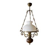 Antique Napoleon III suspension in brass, wood, and opaline glass.