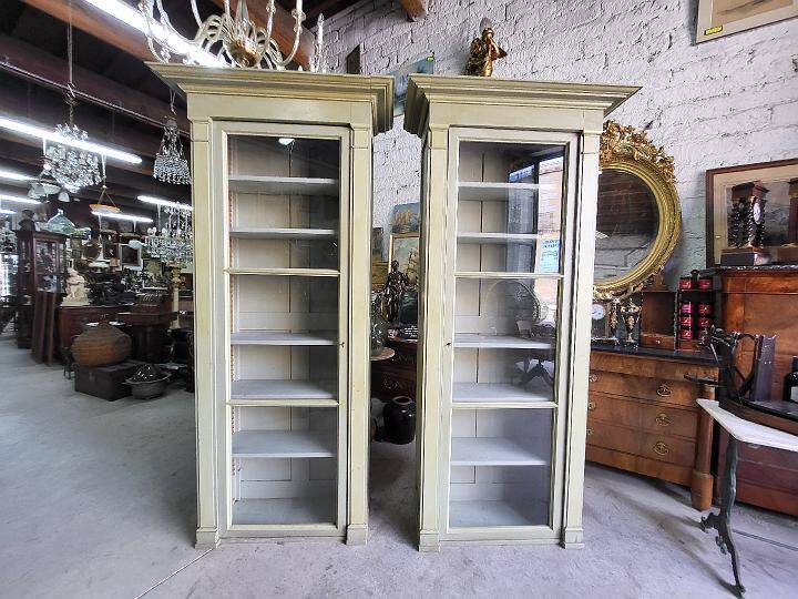 Magnificent pair of green painted fir bookcase display cabinet early 20th century