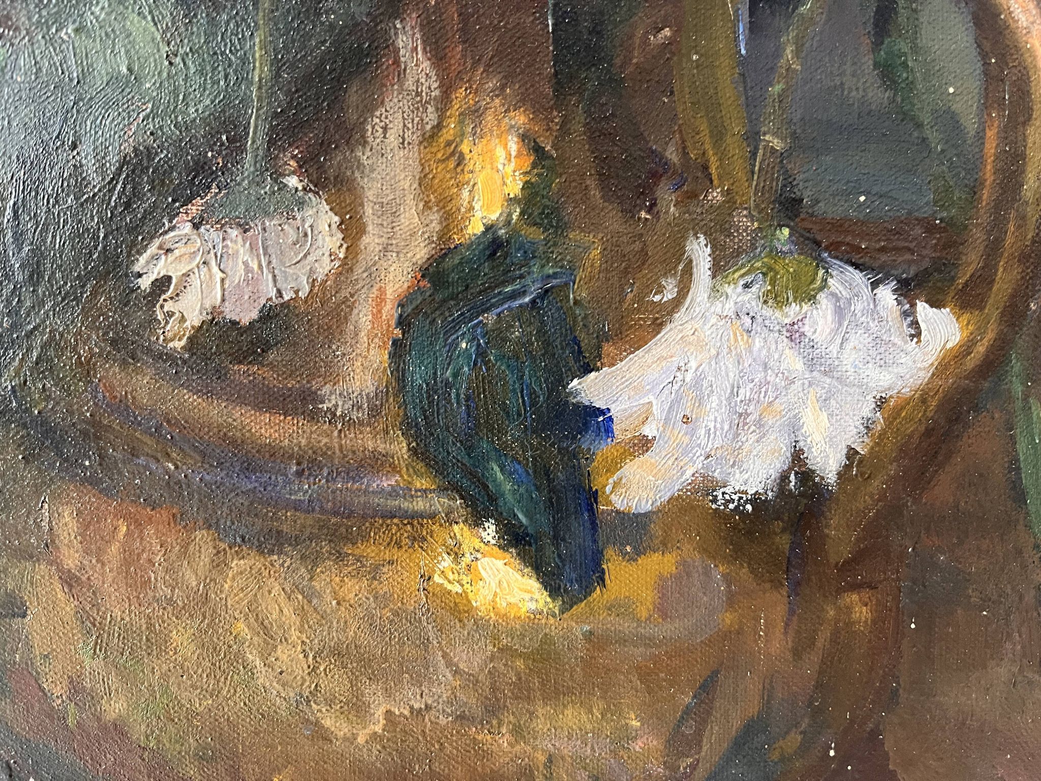 Large oil on canvas of a still life with flowers 1929, antique painting.