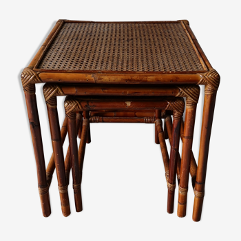 Set of 3 tables in rattan and caning