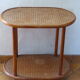 Side table, serving, pedestal, double tray, wood and vintage caning