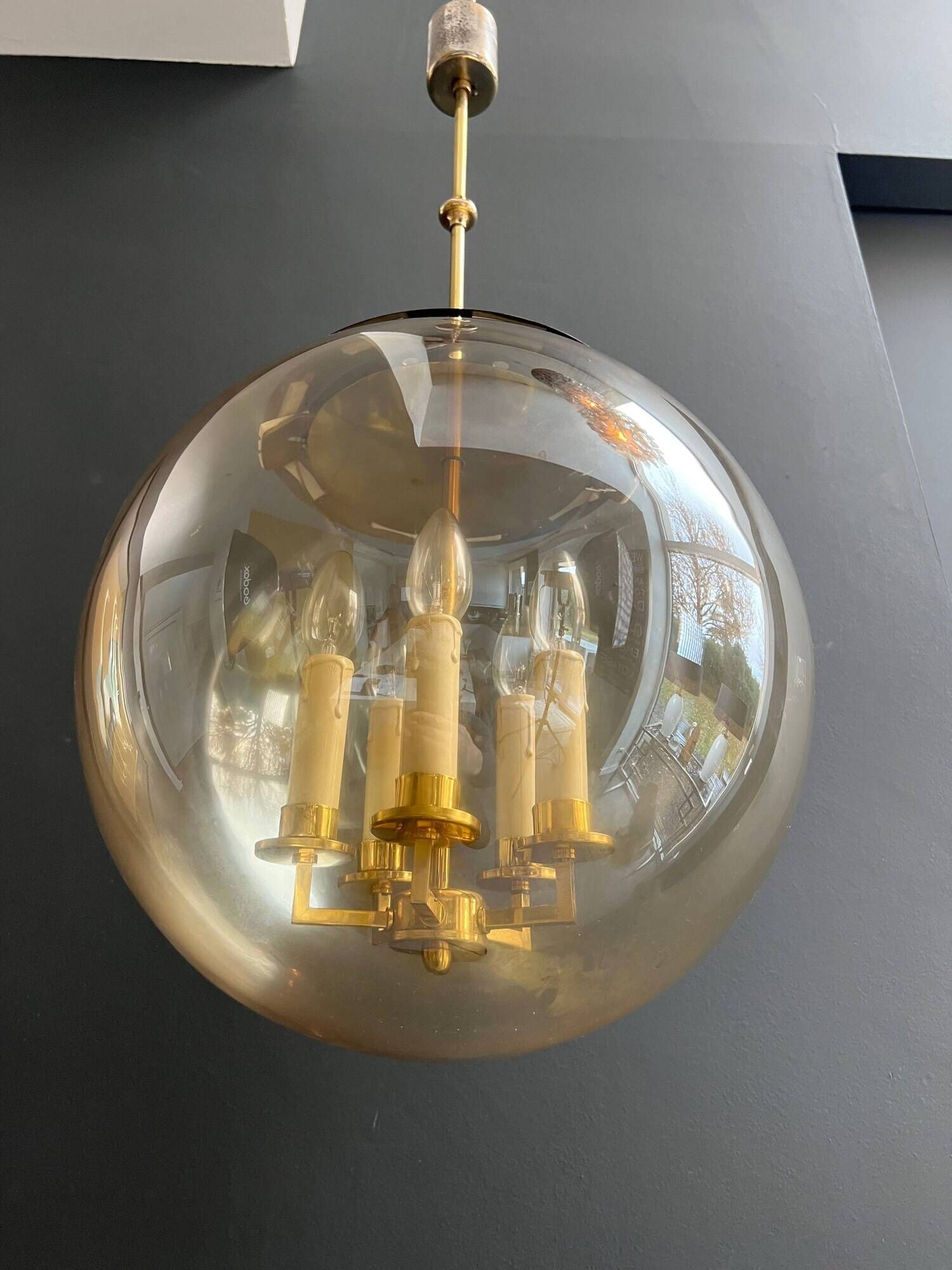 Smoked Glass and Brass Four-Light Suspension Pendant. French Work.