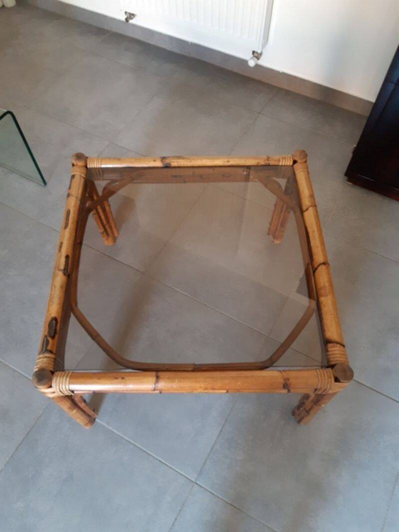 Vintage coffee table, rattan, bamboo and glass in the style of Vivai del Sud.