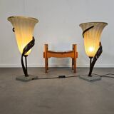 Large Jugendstil floor / table lamps, Roberto Galli, stone base with Italian glass shade
