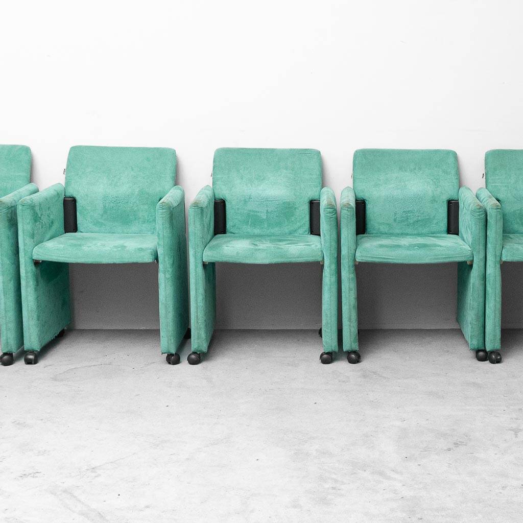 Set of 6 Roota velvet armchairs in green by Buzzati & Rocchi, 1970s