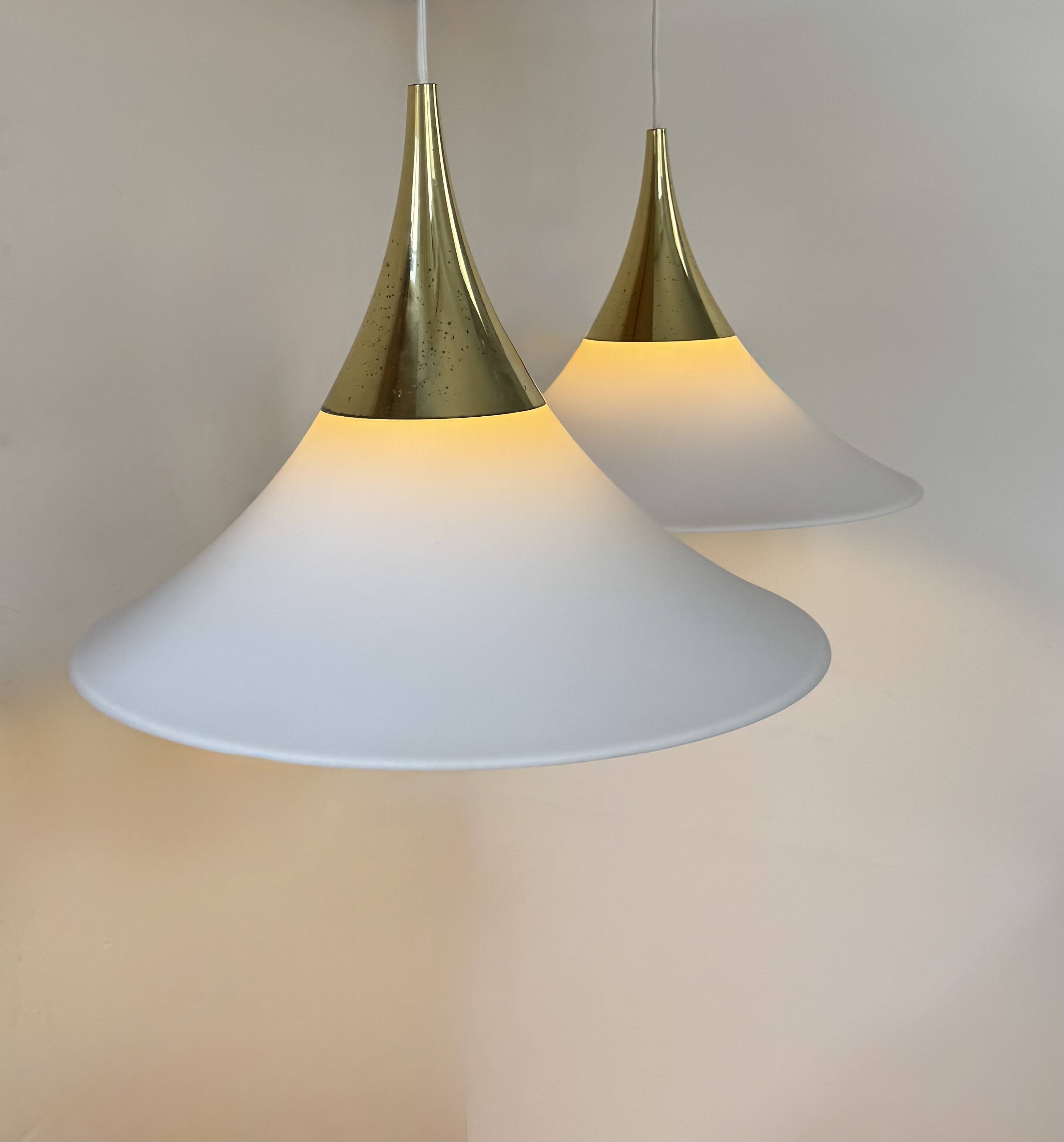 XL Pair of vintage pendants by Limburg, brass and opaline, Germany 1