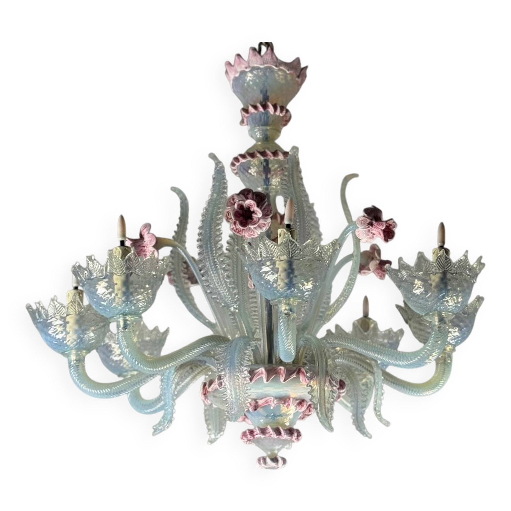 Venetian chandelier in blue and pink Murano glass, 8 light arms, circa 19