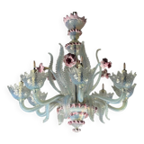 Lustre vénitien en verre de Murano bleu et rose, 8 bras de lumière, vers 19