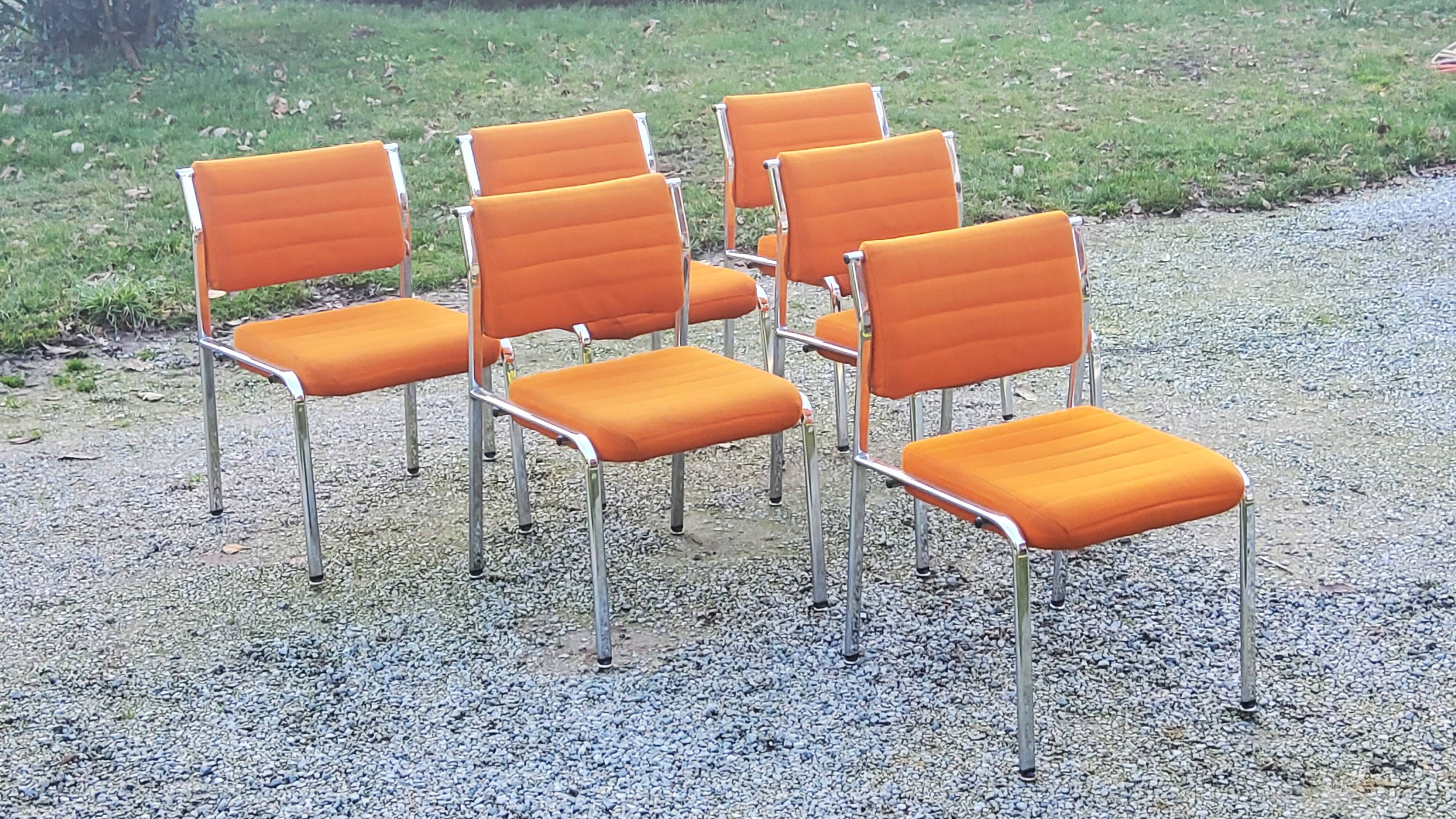 Set of 6 designer chairs from the 70s orange fabrics and chrome tubes