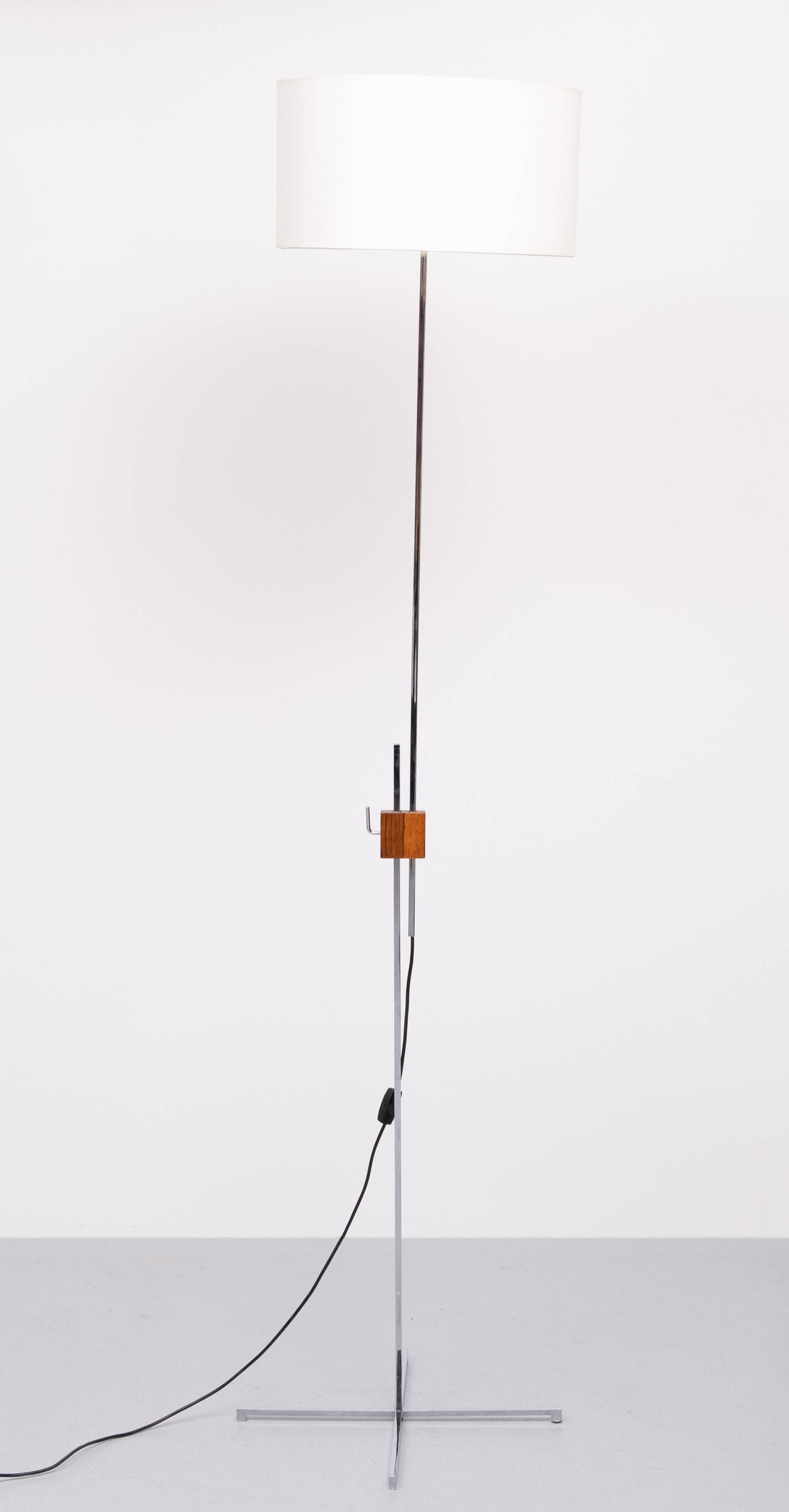 Mid Century Adjustable Chrome Walnut Floor Lamp by Hans Eichenberger 1950s