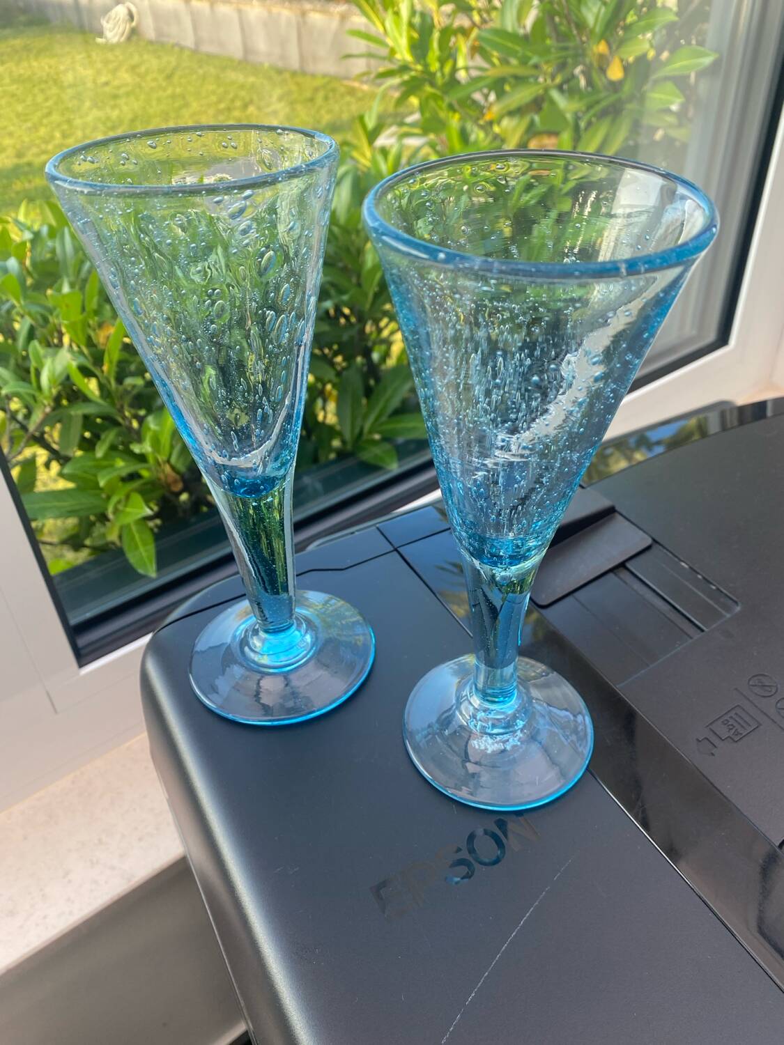 Pair of sky blue chalice or flute glasses