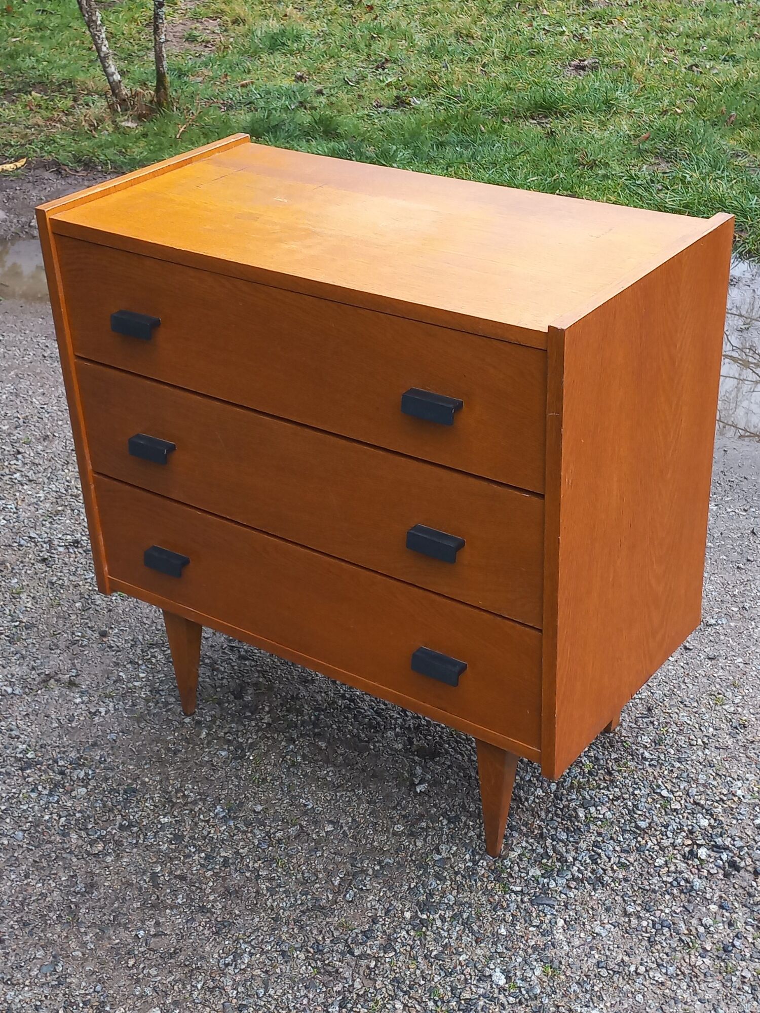 Vintage chest of drawers in gilded oak from the 50s 3 drawers feet bobbin