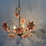 Chandelier with mourn glass pink flowers , 1970s