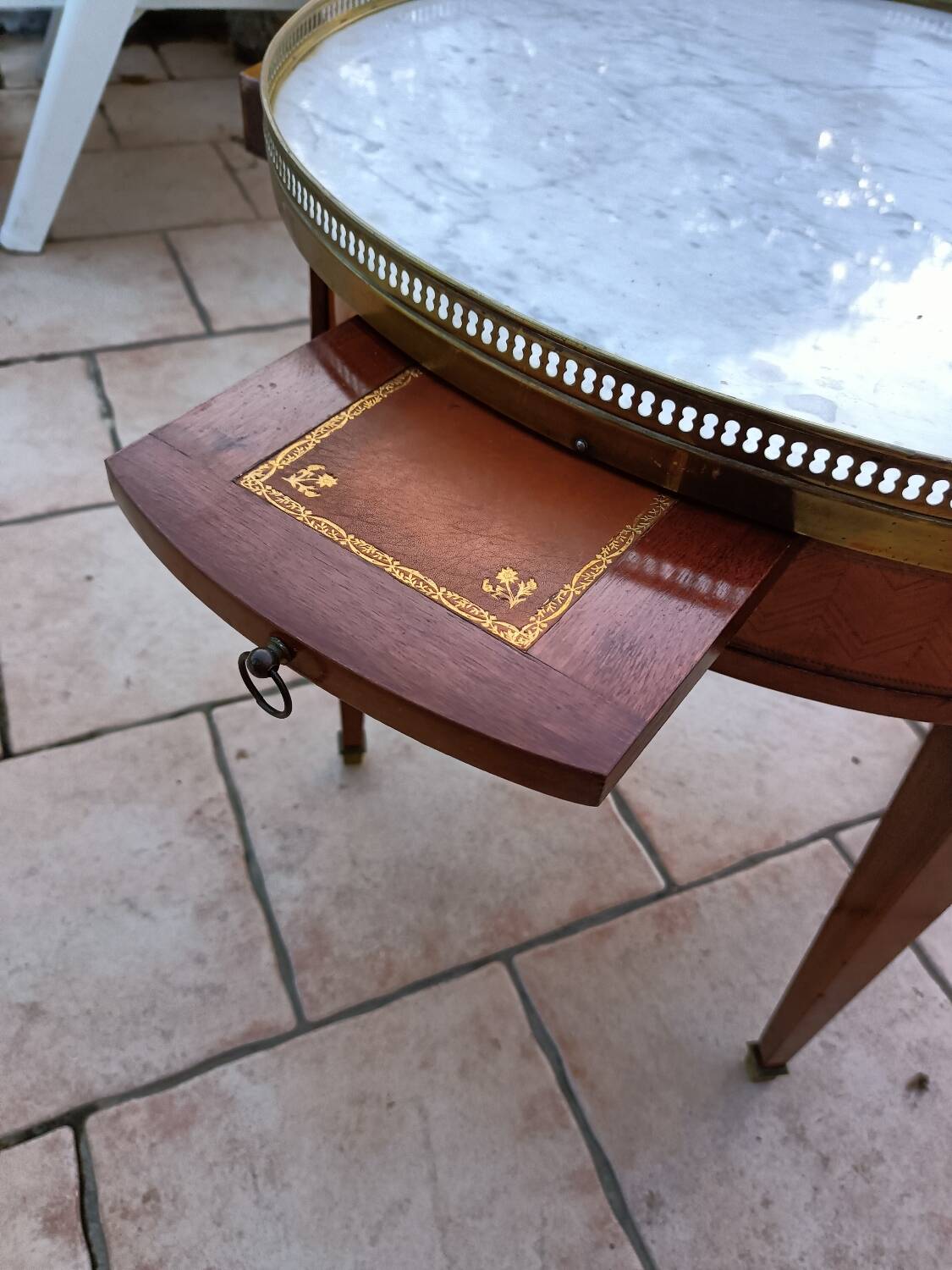 Antique Louis XVI style hot water bottle table with marble top
