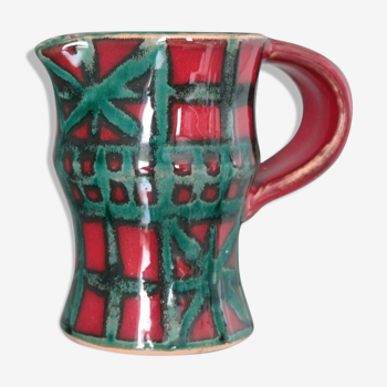 Vintage pitcher red and green art pottery