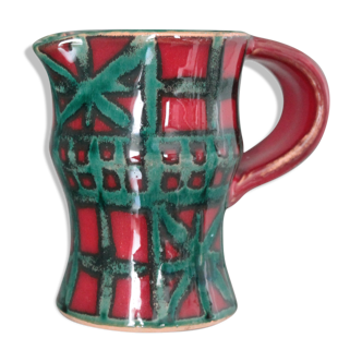 Vintage pitcher red and green art pottery