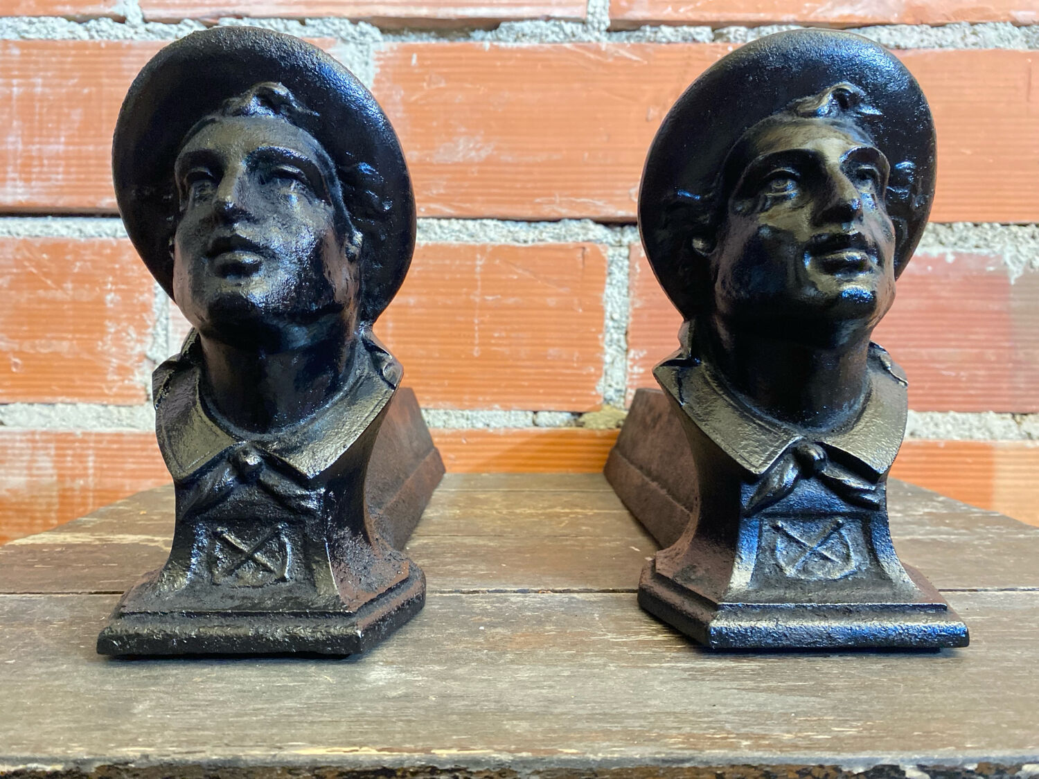 Pair of Fireplace Chenets Man with Hat Black Cast Iron Vintage #D703