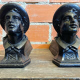 Pair of Fireplace Chenets Man with Hat Black Cast Iron Vintage #D703
