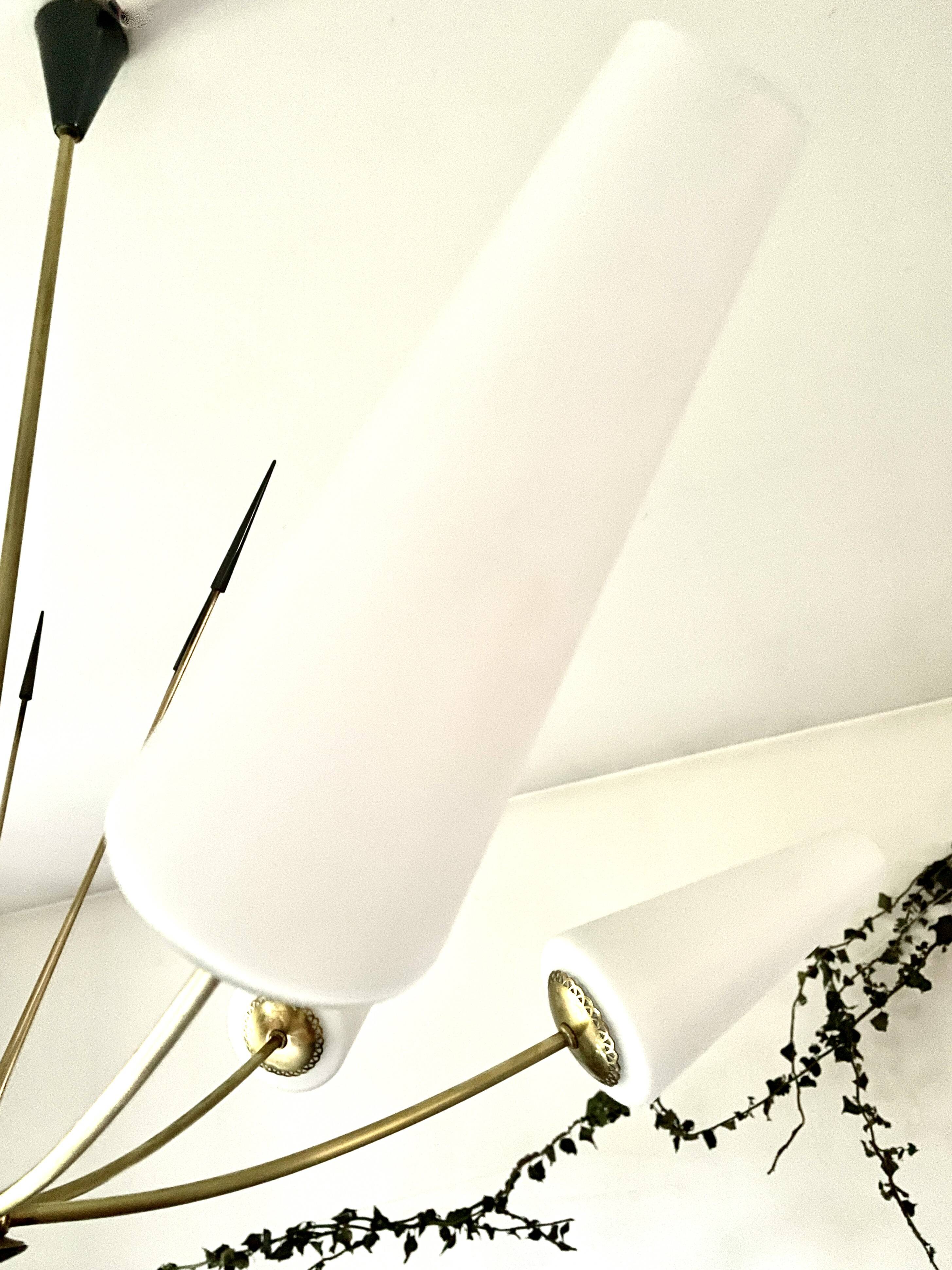Large chandelier with 6 opaline tulip shades and 6 anthracite points, 1950