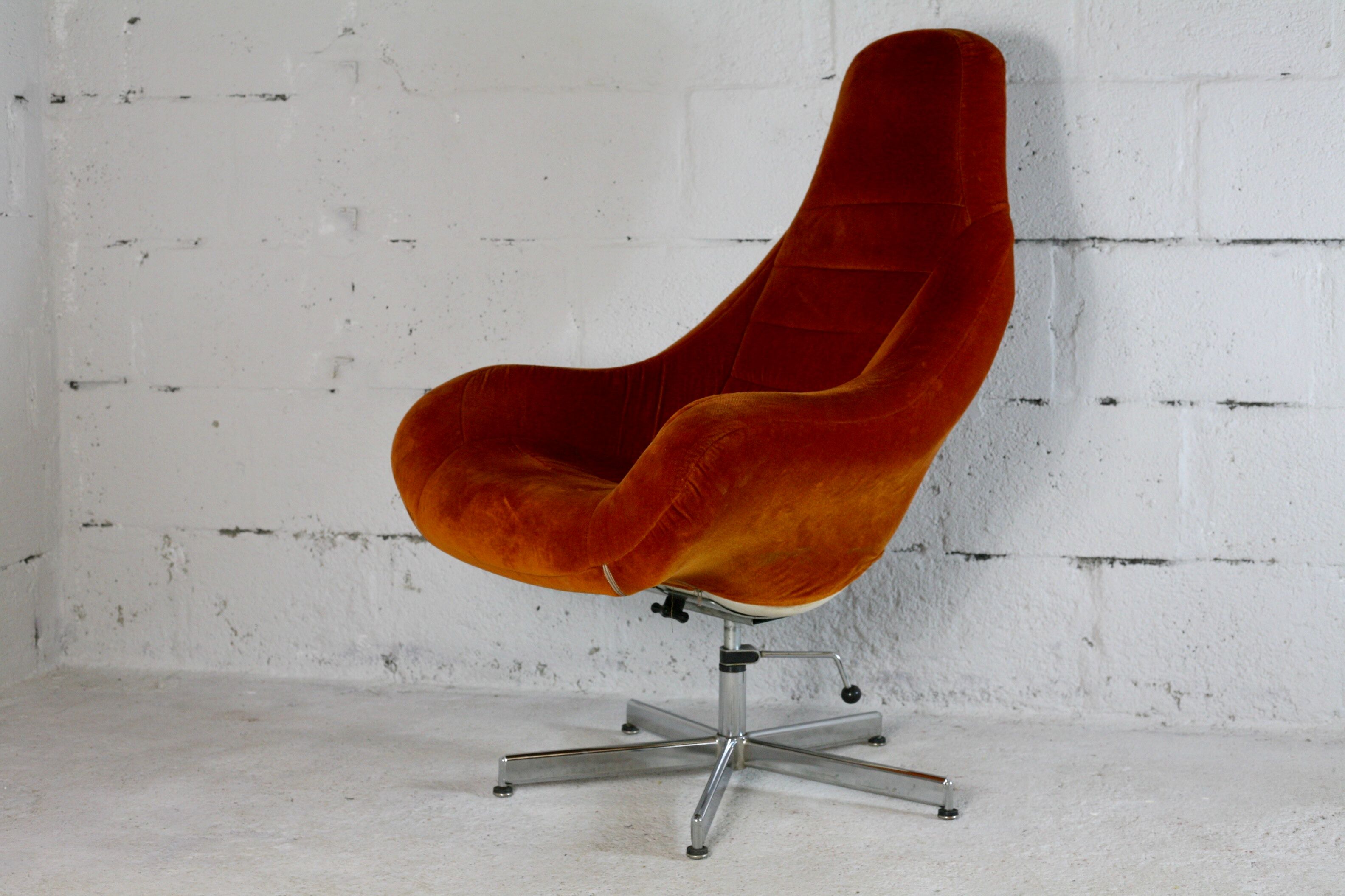 Space age chair, fiberglass, orange velvet, circa 1970s