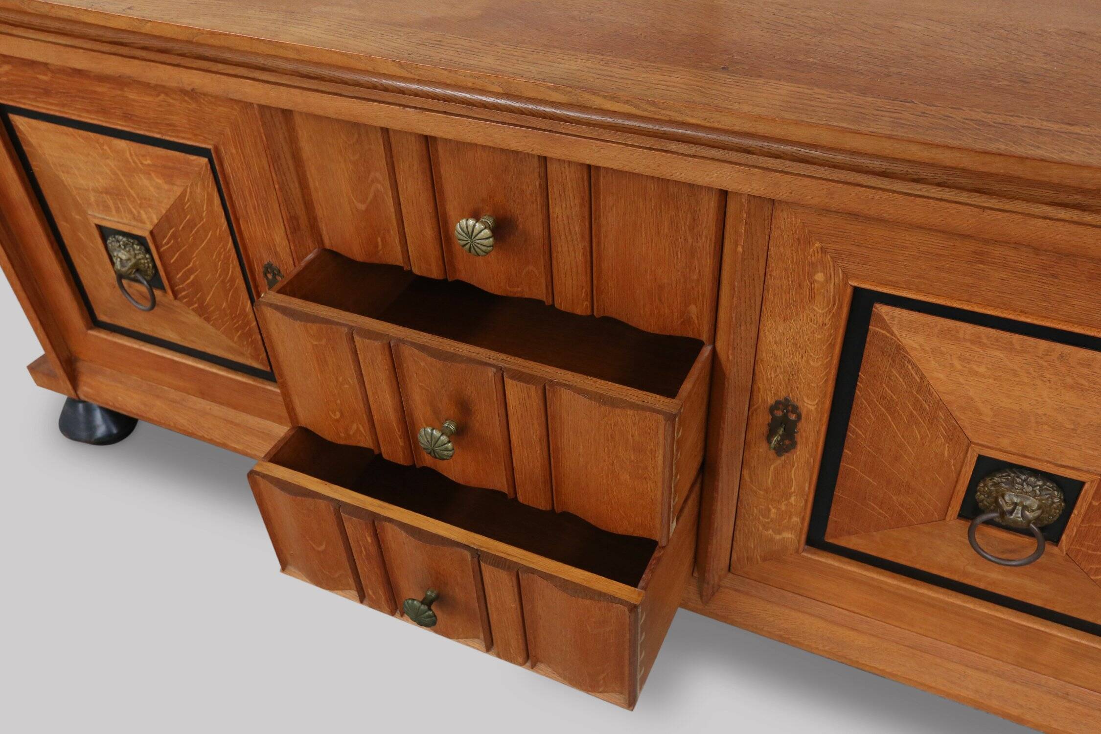 Art Deco brutalist Belgian Oak and Brass Sideboard, 1940s