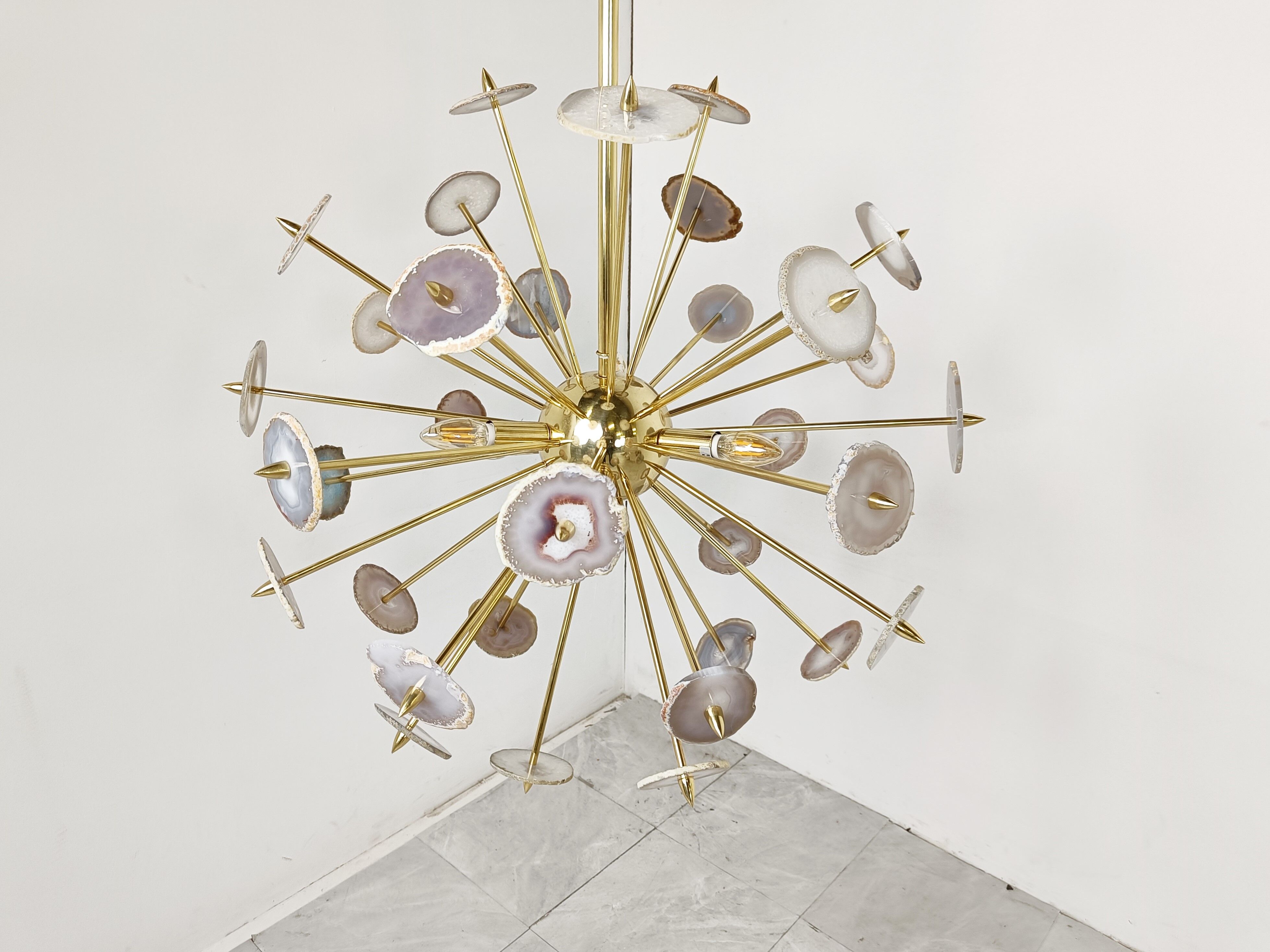 Brass and agate stone sputnik chandelier 1980s