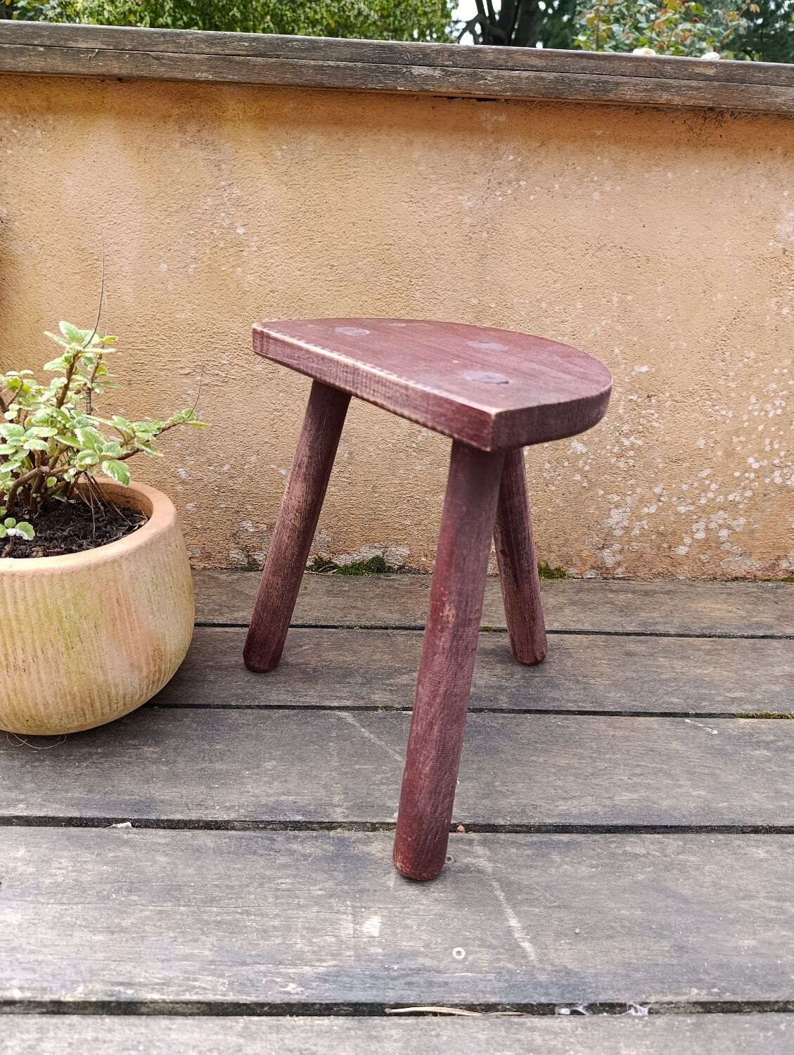 old wooden shepherd's stool tripod half-moon
