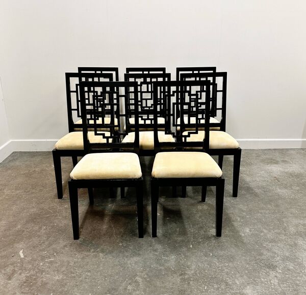 Ensemble de 8 chaises de salle à manger laquées noires Jean Claude Mahey pour Roche Bobois,
