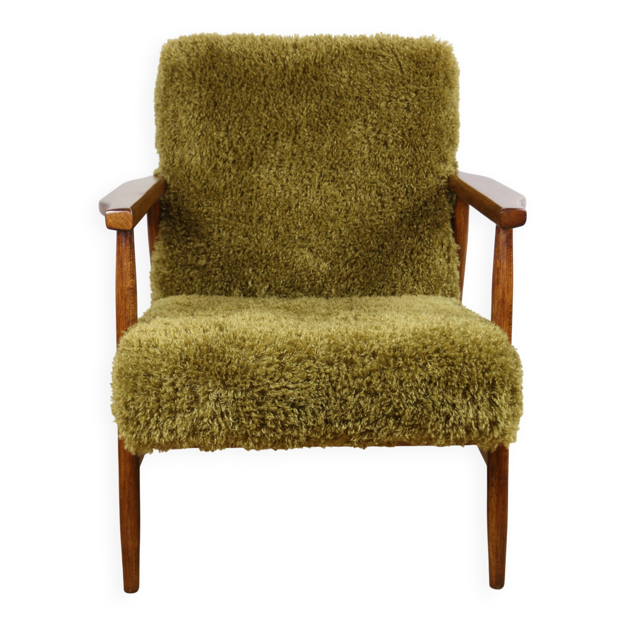 Vintage armchair, 1970s red fox - high pile khaki / olive - long pile