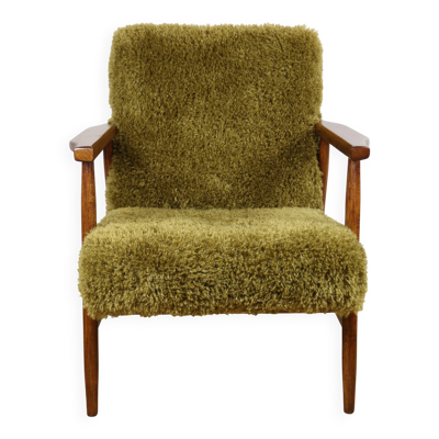 Fauteuil vintage, renard rouge des années 1970 - velours haut en kaki / olive - velours long
