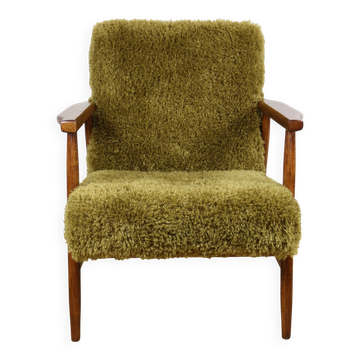 Fauteuil vintage, renard rouge des années 1970 - velours haut en kaki / olive - velours long