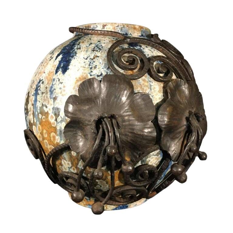 Roger Guérin & François Carion, Art Deco Ball Vase, Bouffioulx Stoneware and Wrought Iron, Ca 1925