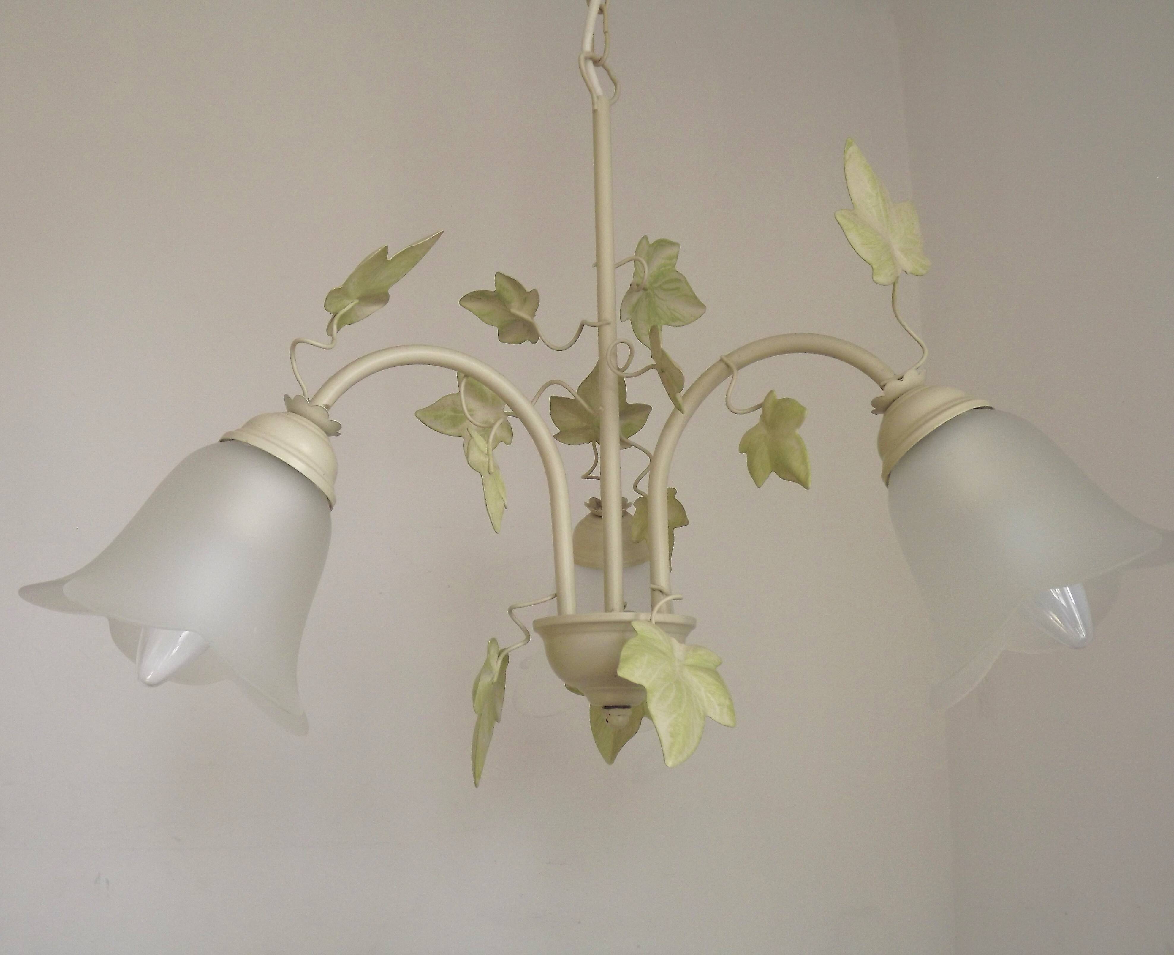 French Vintage 3 Light Green Ivy Chandelier with Opaque Glass Shades