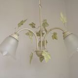 French Vintage 3 Light Green Ivy Chandelier with Opaque Glass Shades