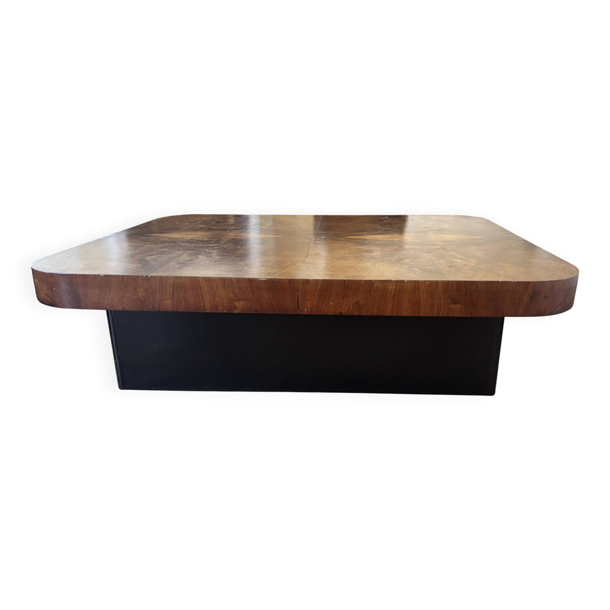 Solid wood coffee table in lacquered elm burl, inspired by Willy Rizzo.