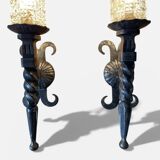 Pair of brutalist wall sconces in wrought iron