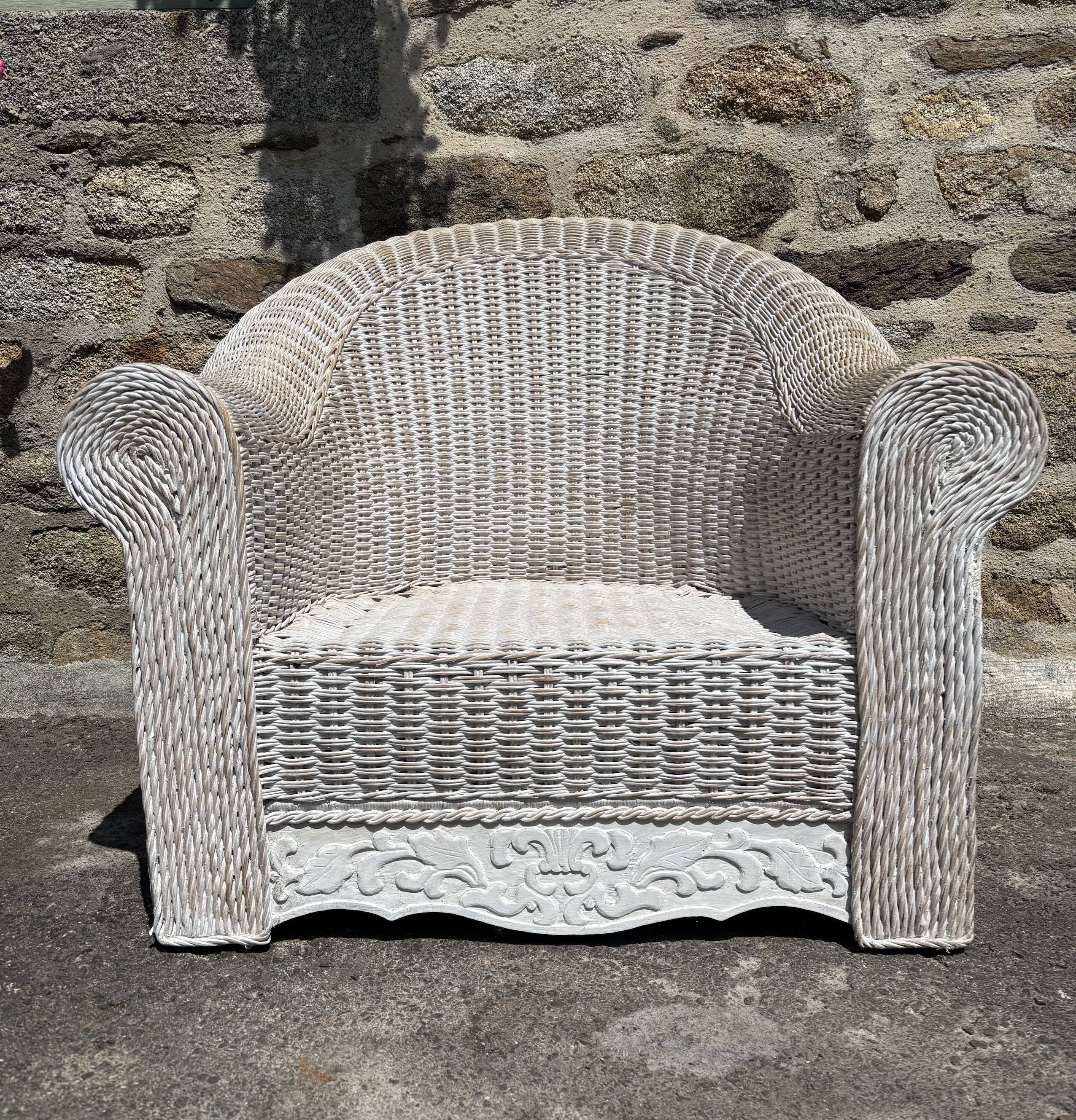 Large painted wicker armchair, 20th century, winter garden
