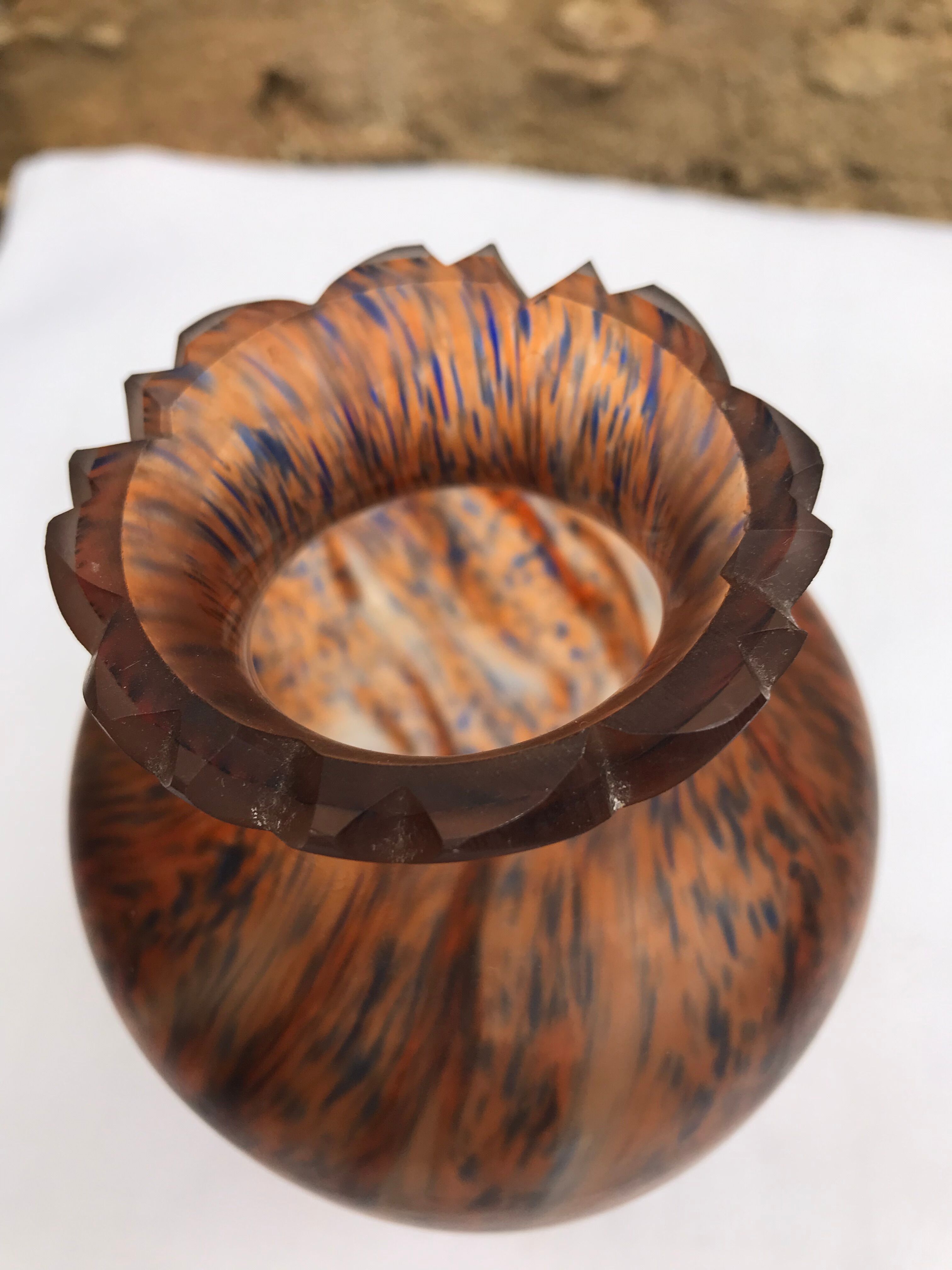 Orange / blue marble vase (signed?) old glass paste