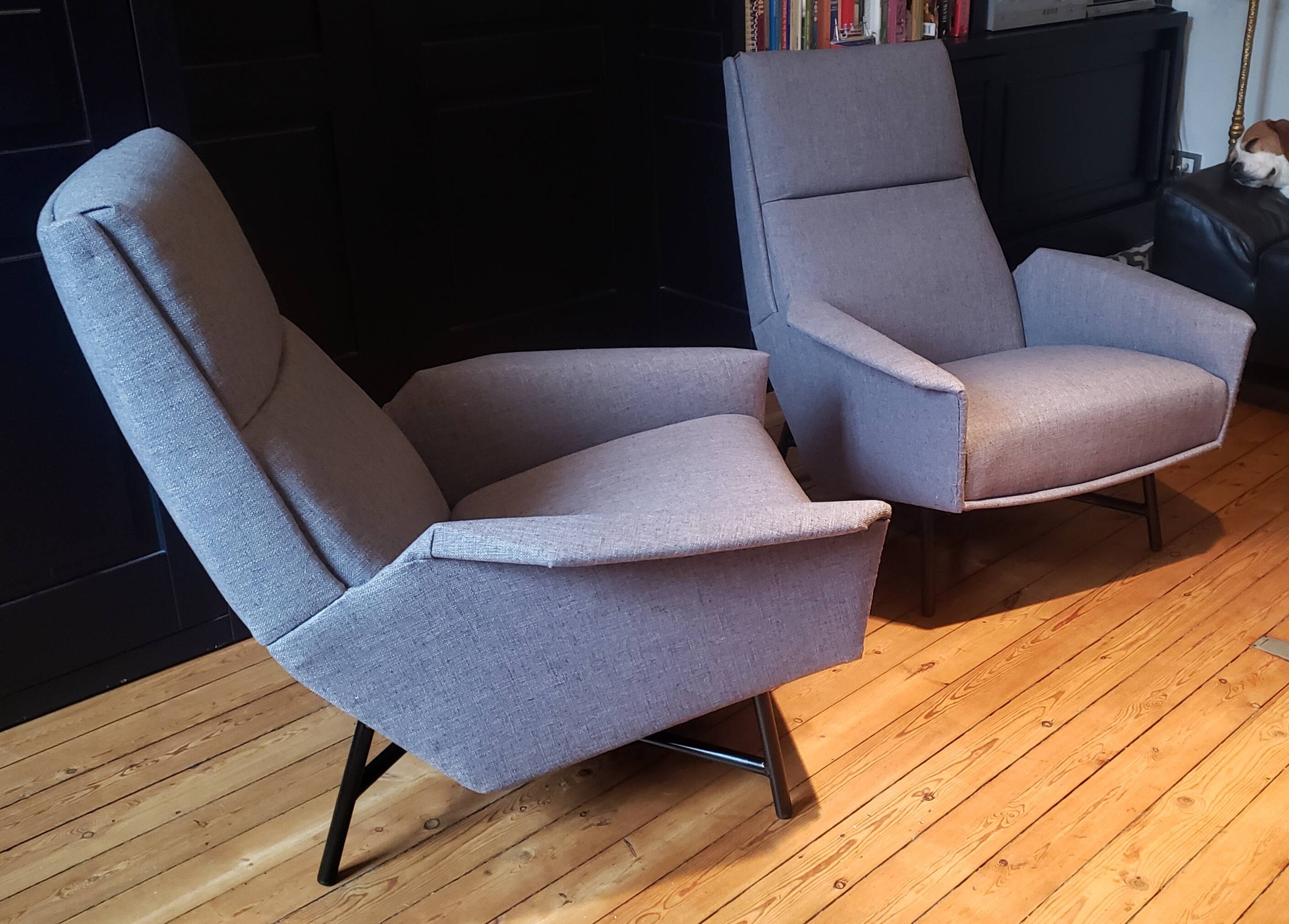 Pair of Guy Besnard armchairs, France 1960, new fabric