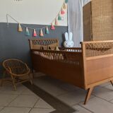 Vintage wood and rattan year 60 baby bed