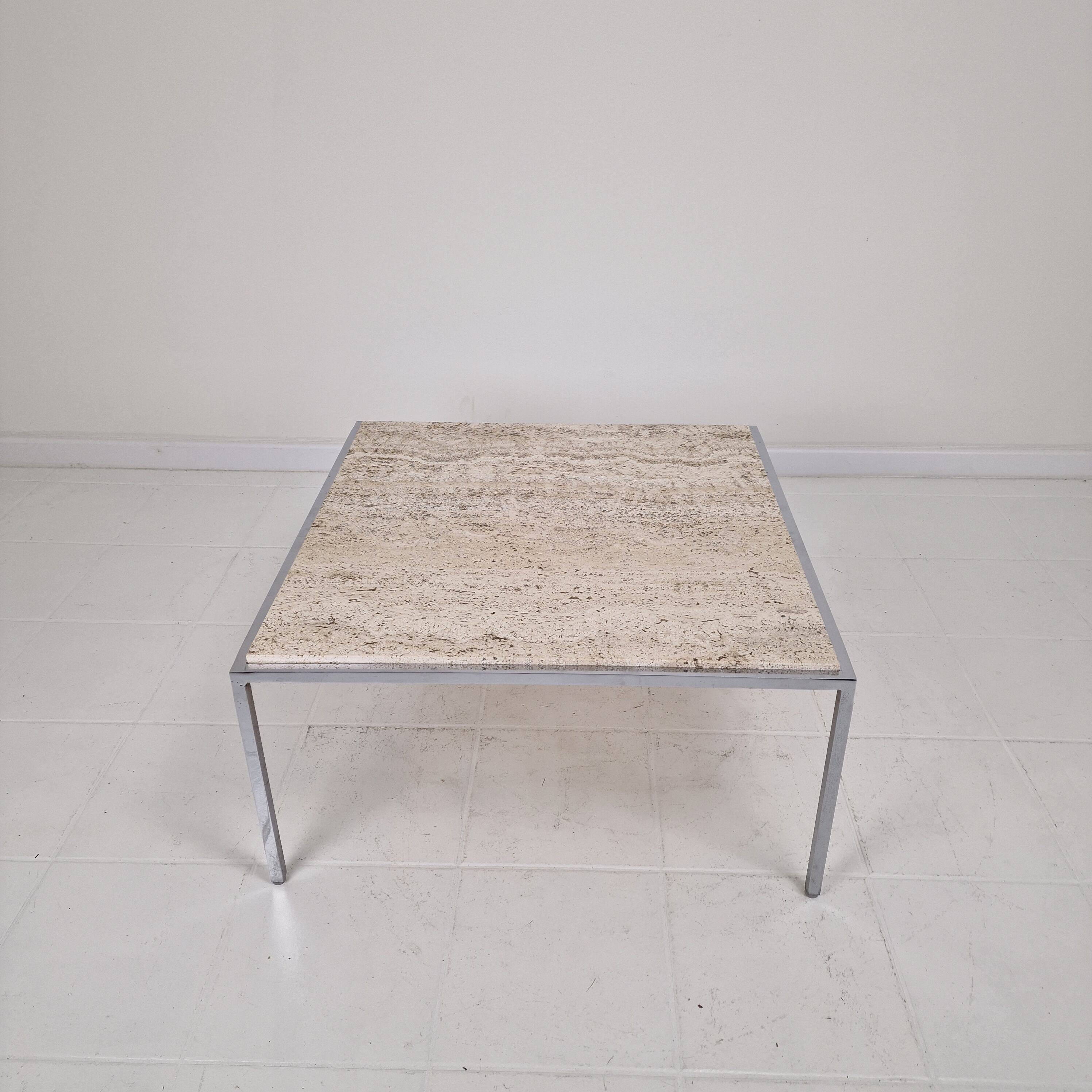 Italian Square Travertine Coffee Table with Steel Base, 1980's