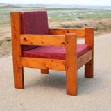 Pair of pine fireside chairs, France, 1960s, "raspberry" cushions