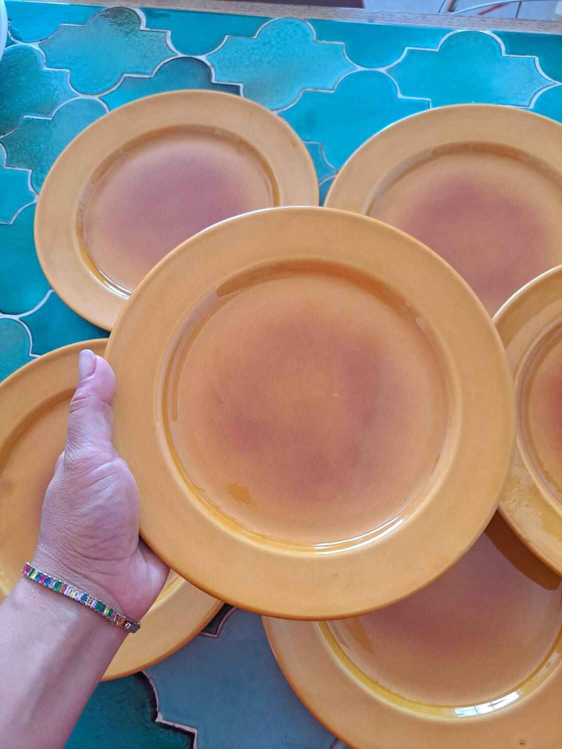 8 vintage mustard yellow ceramic plates