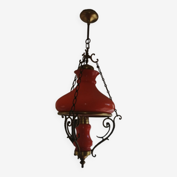 Vintage chandelier in Orange Opline and wrought iron