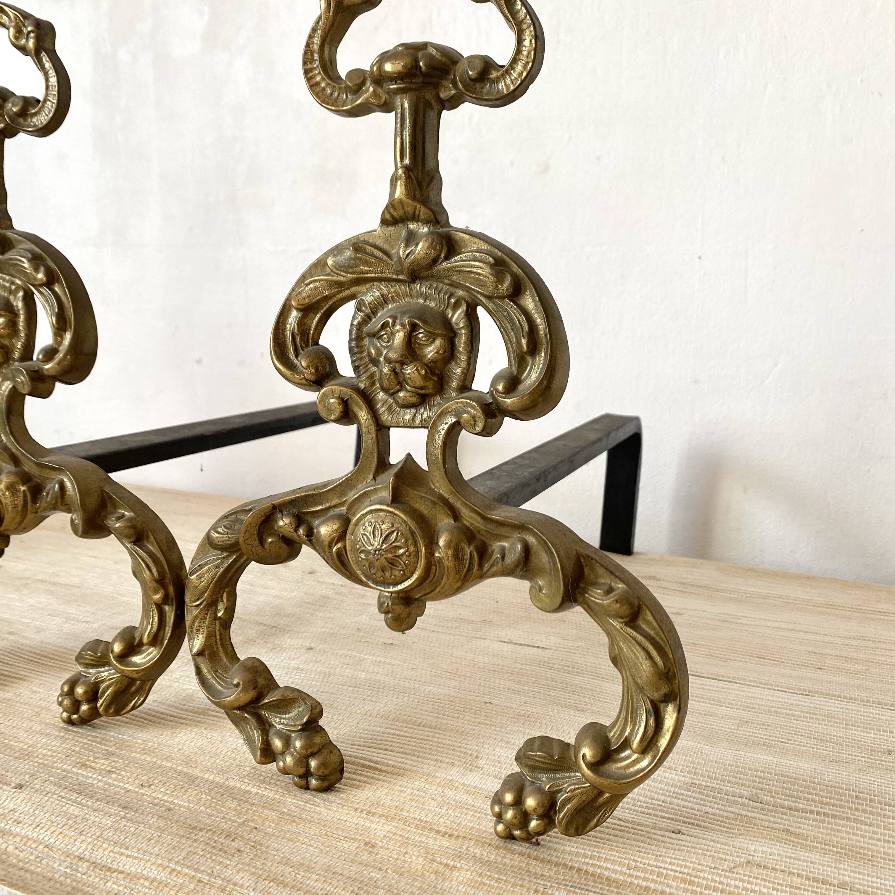 Pair of brass andirons, lion head