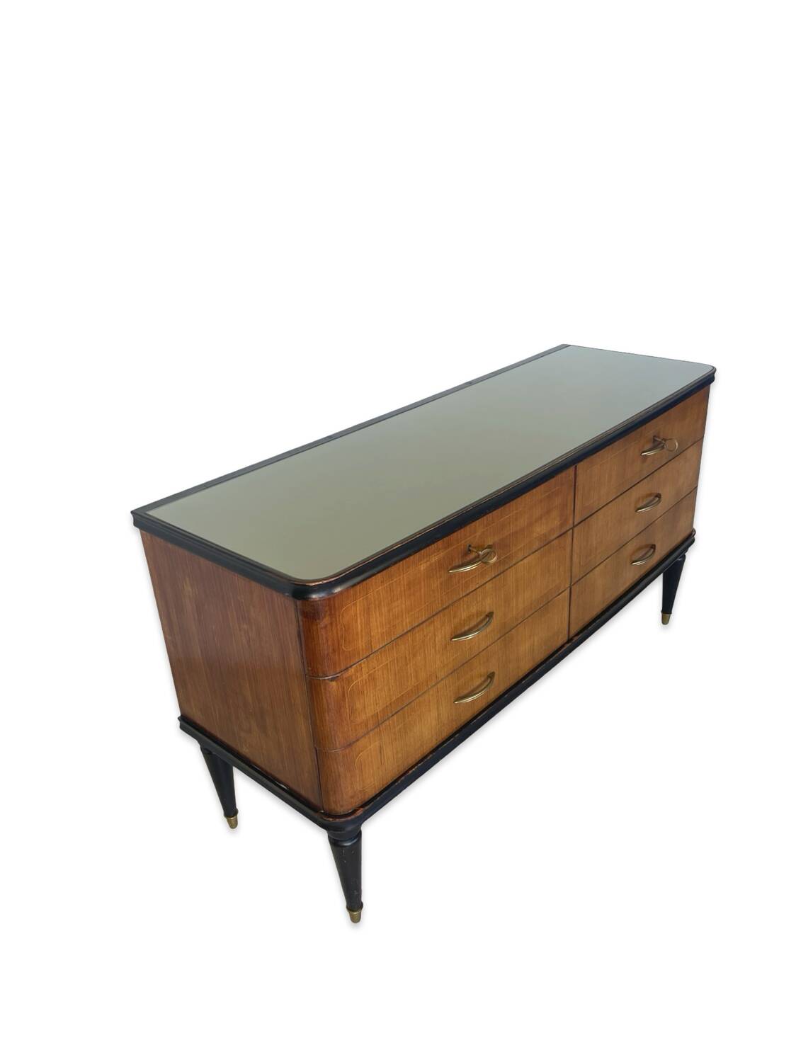 Commode en acajou plaqué avec plateau en verre vert, années 1950