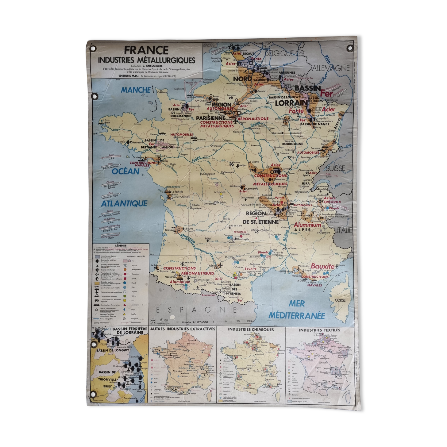 Carte de France pédagogique réversible, MDI, 1968, "Industries métallurgiques", "Sources d'énergie"