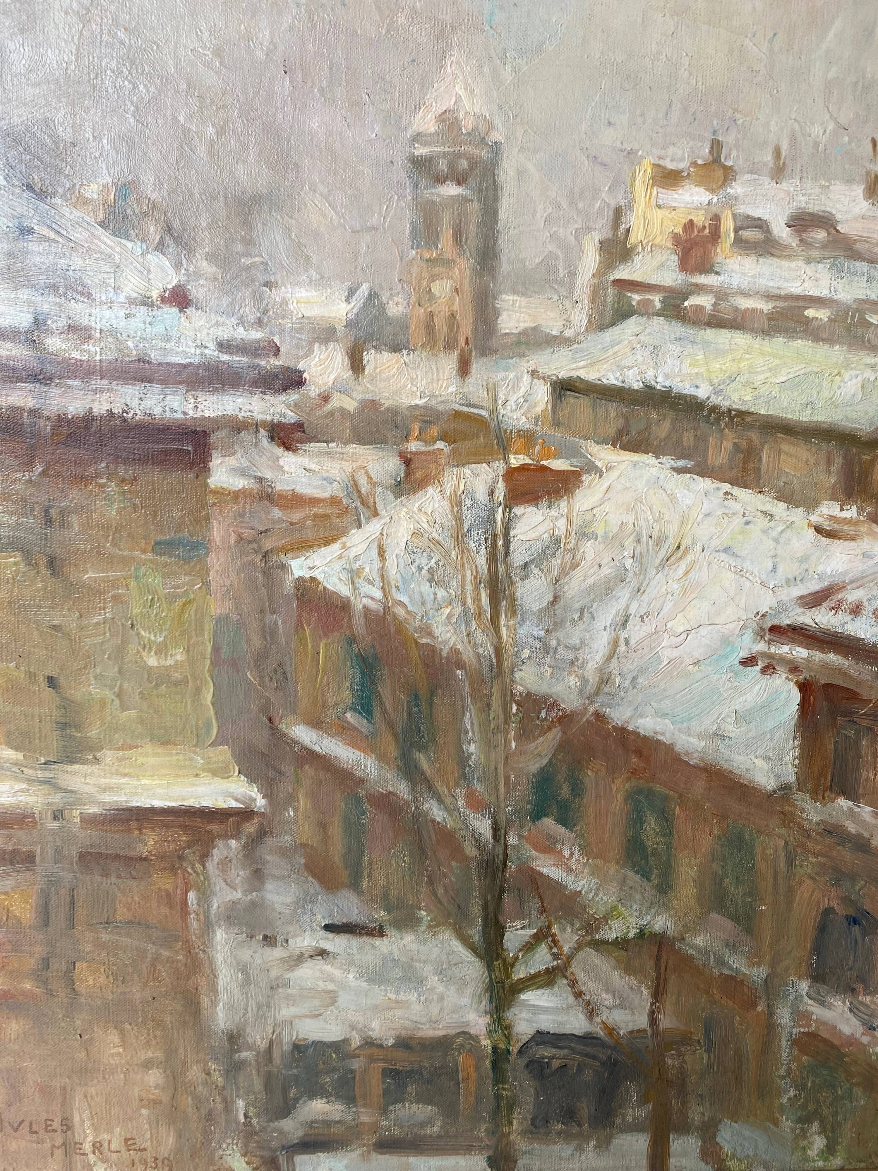 Painting by Jules Merle1939 "The roofs of snowy Paris" Notre Dame des Champs