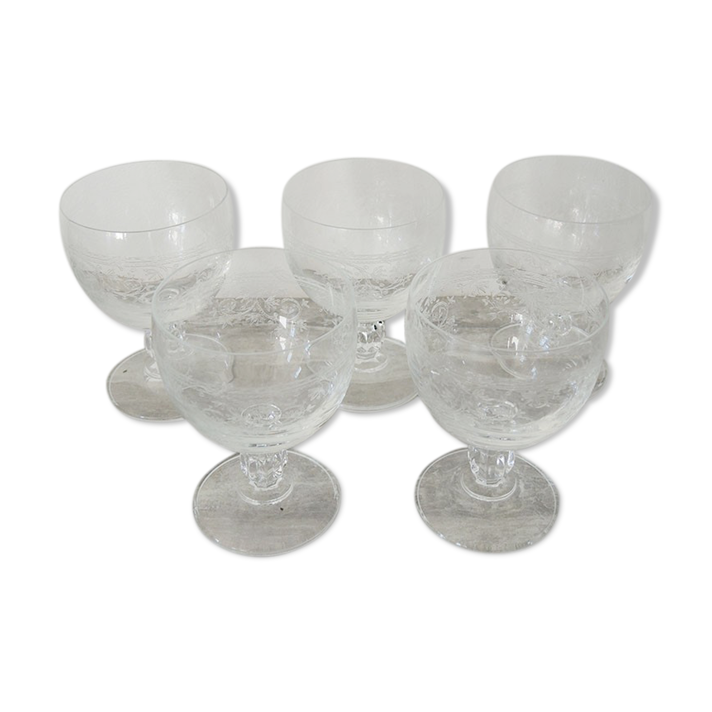 5 old crystal foot glasses engraved